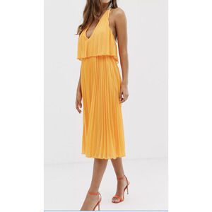 ASOS DESIGN pleated midi dress with double layer bodice and v neck orange 6